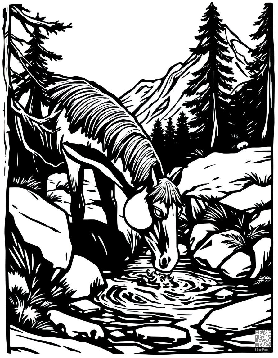 A horse drinking from a mountain stream coloring page Woodcut style - free printable
