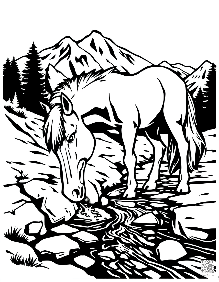 A horse drinking from a mountain stream coloring page Woodcut style - free printable