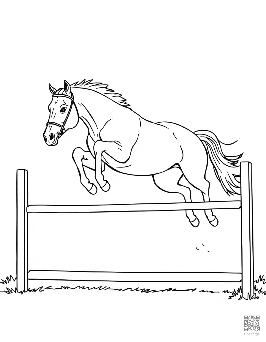 A horse jumping over a fence in a competition coloring page Contour style free printable
