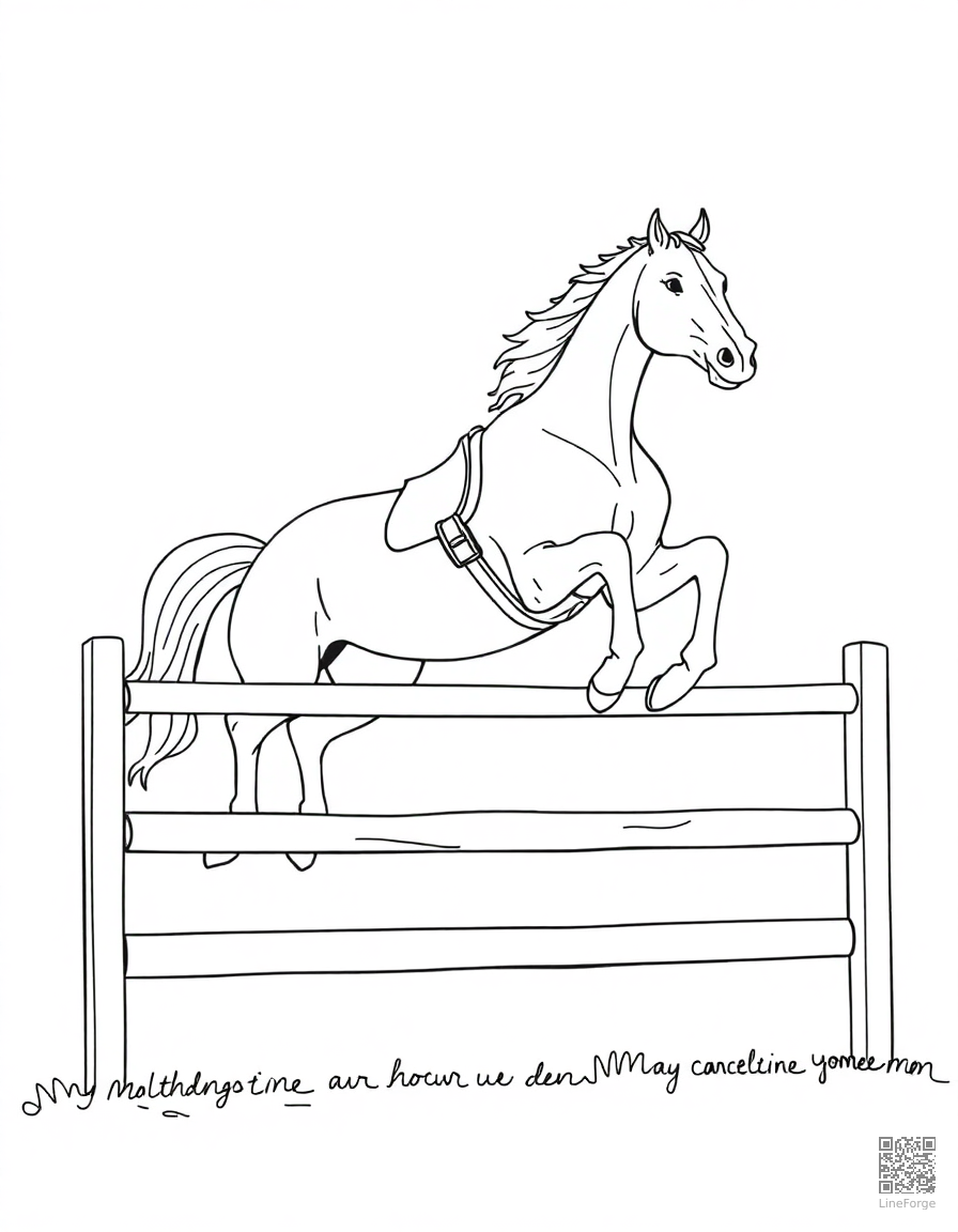 A horse jumping over a fence in a competition coloring page Contour style free printable