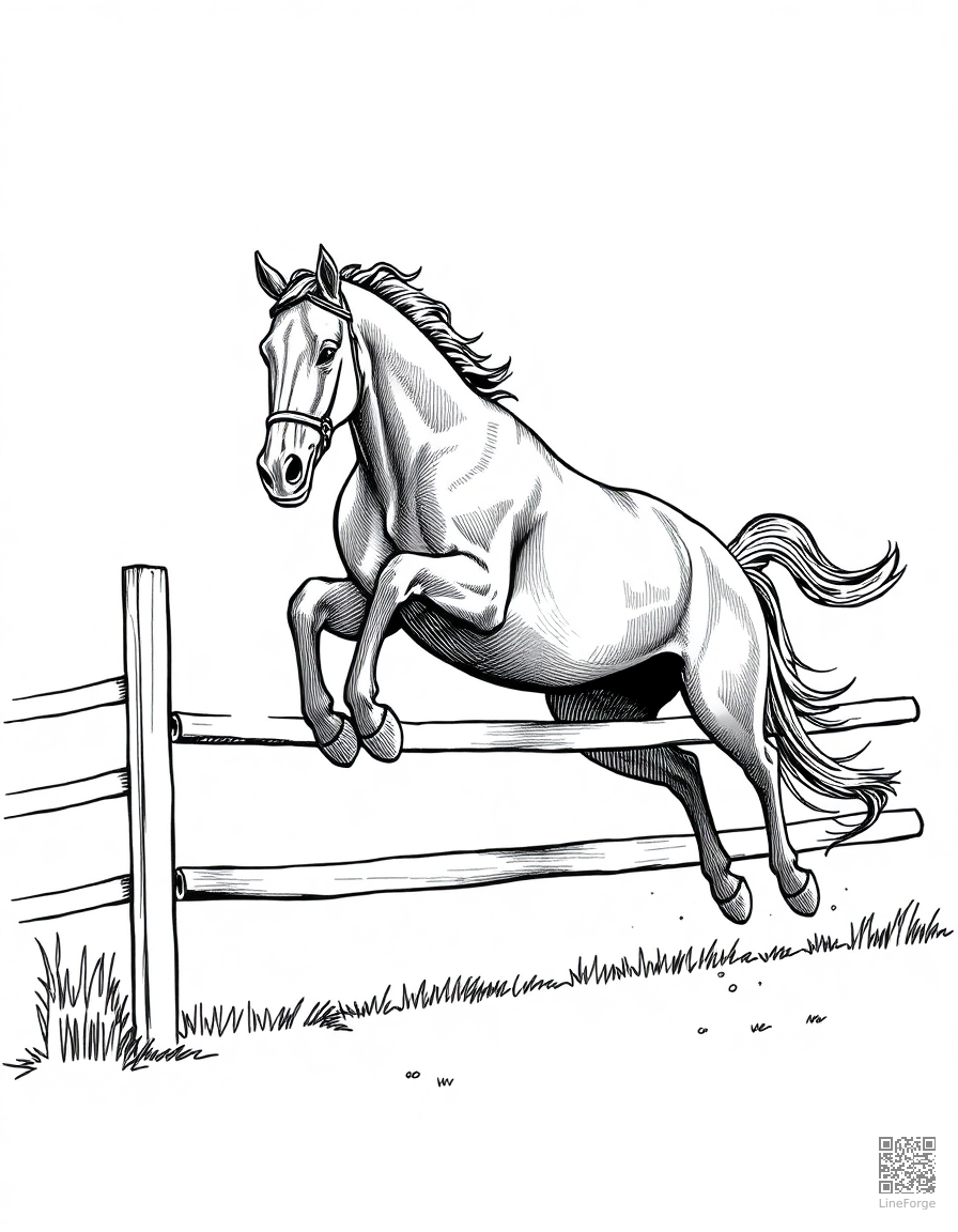 A horse jumping over a fence in a competition coloring page Crosshatch style free printable