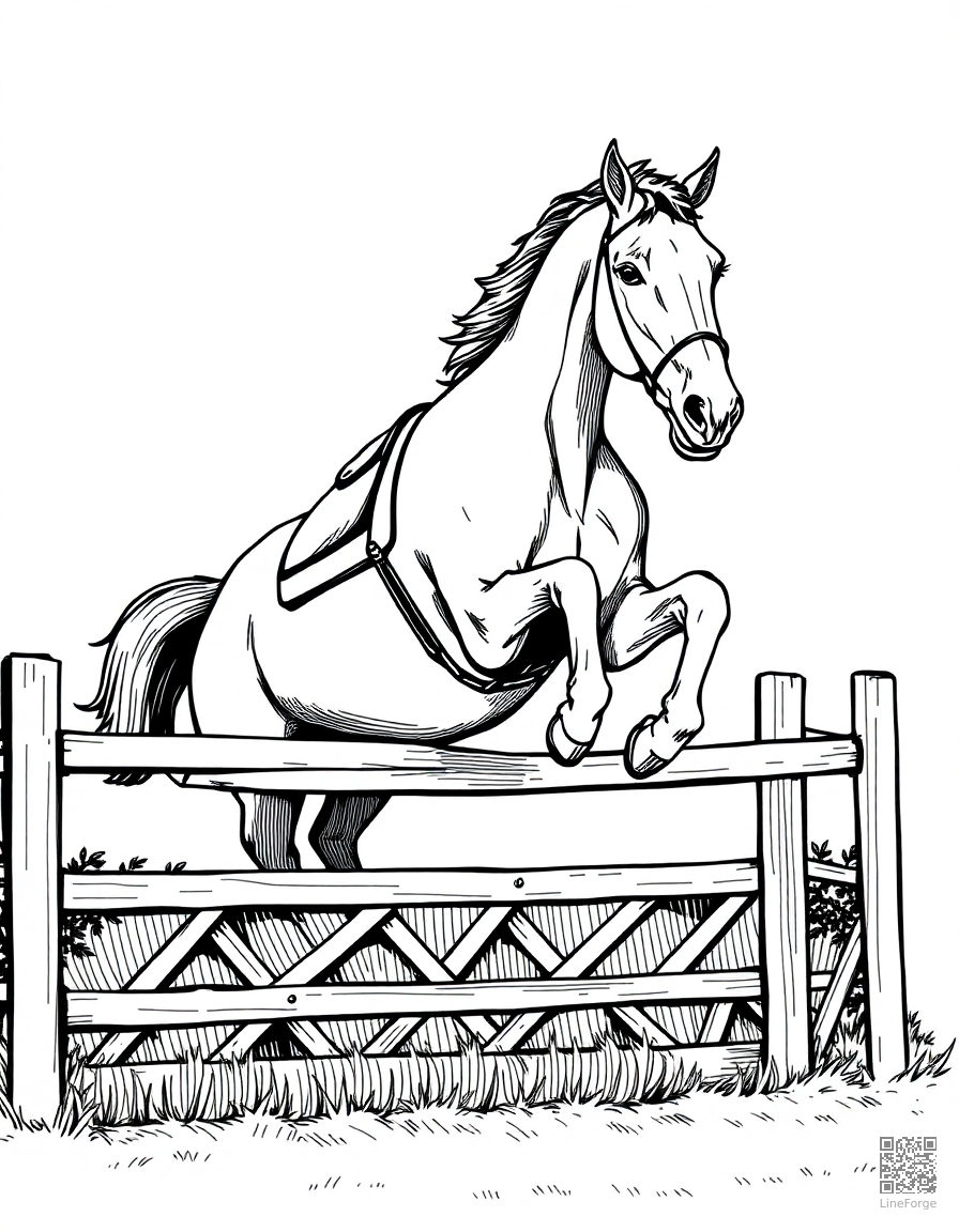 A horse jumping over a fence in a competition coloring page Crosshatch style free printable