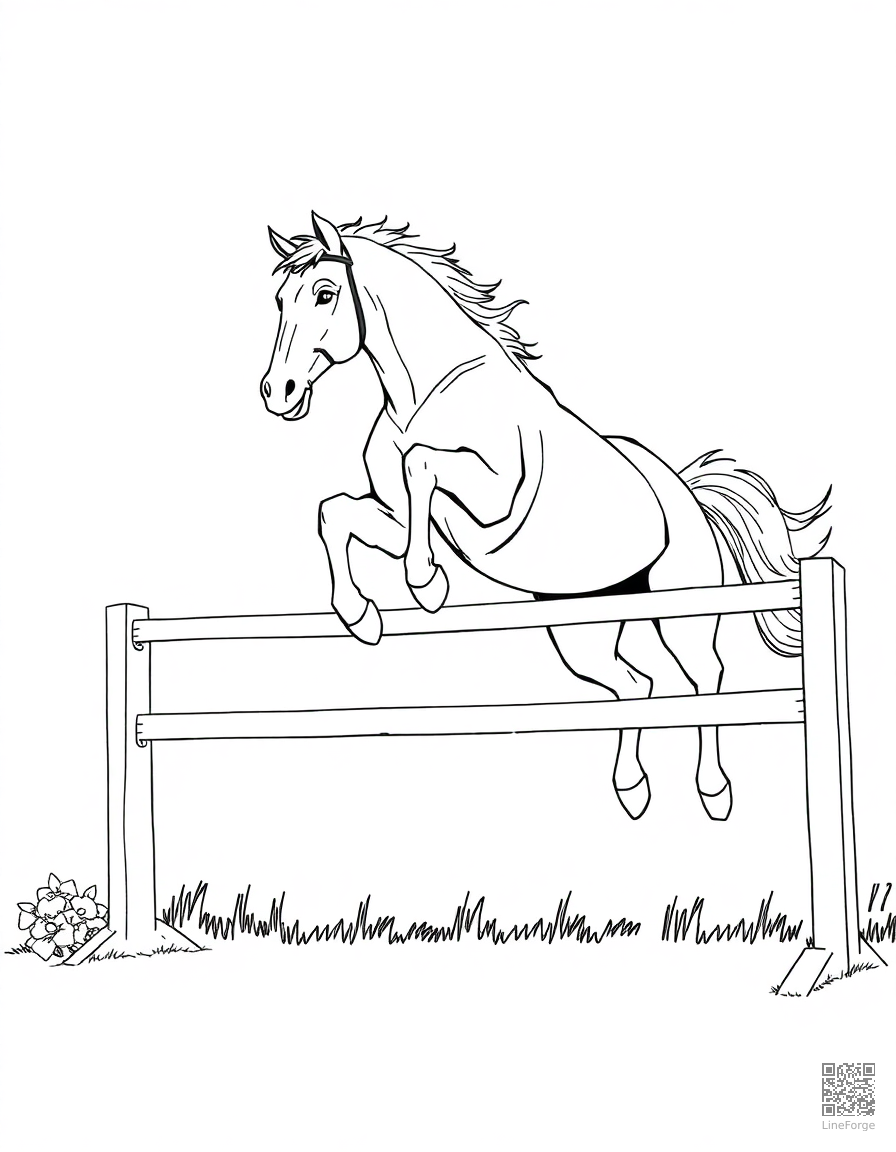 A horse jumping over a fence in a competition coloring page Manga style - free printable