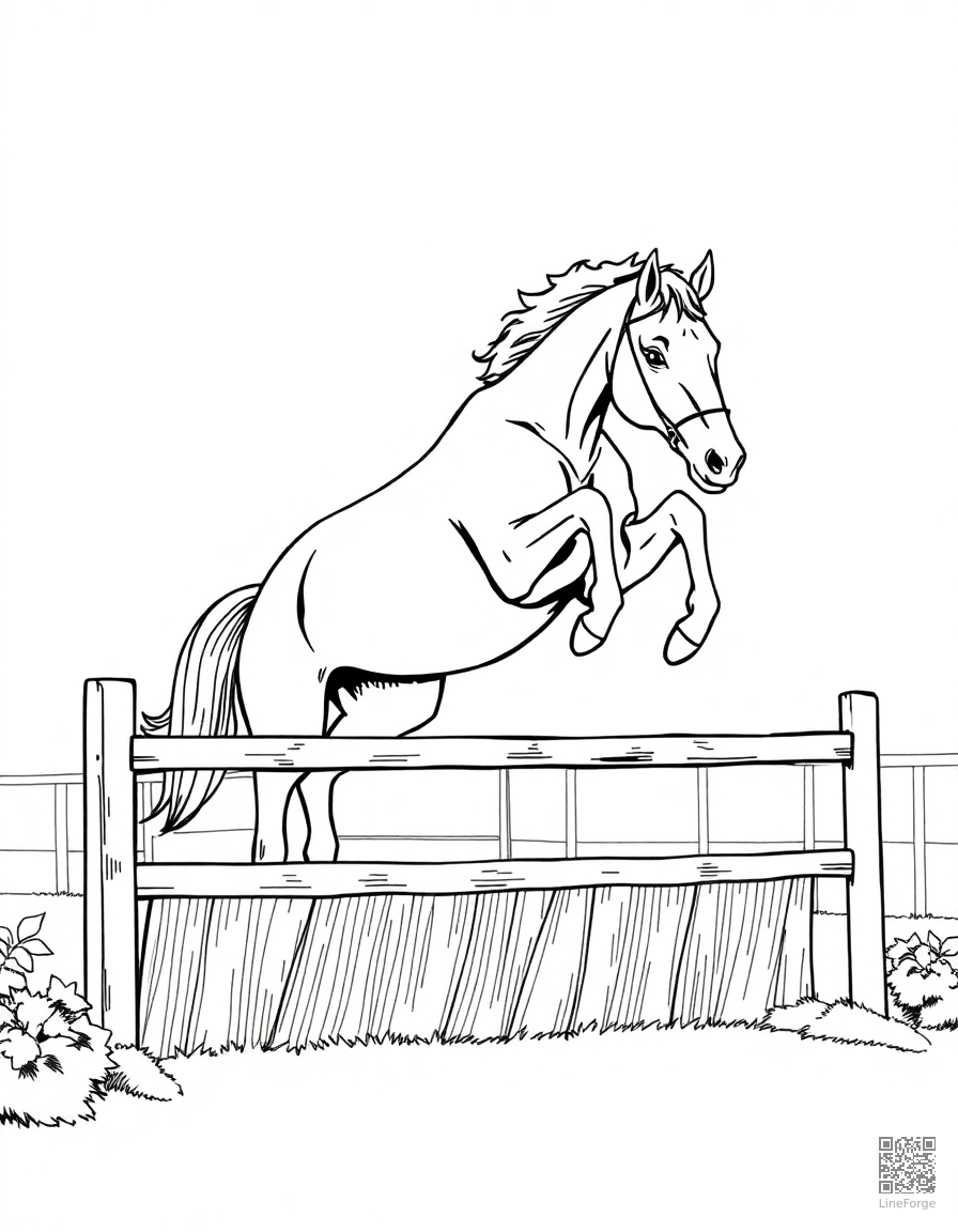 Free a horse jumping over a fence in a competition coloring page in manga style — printable line art