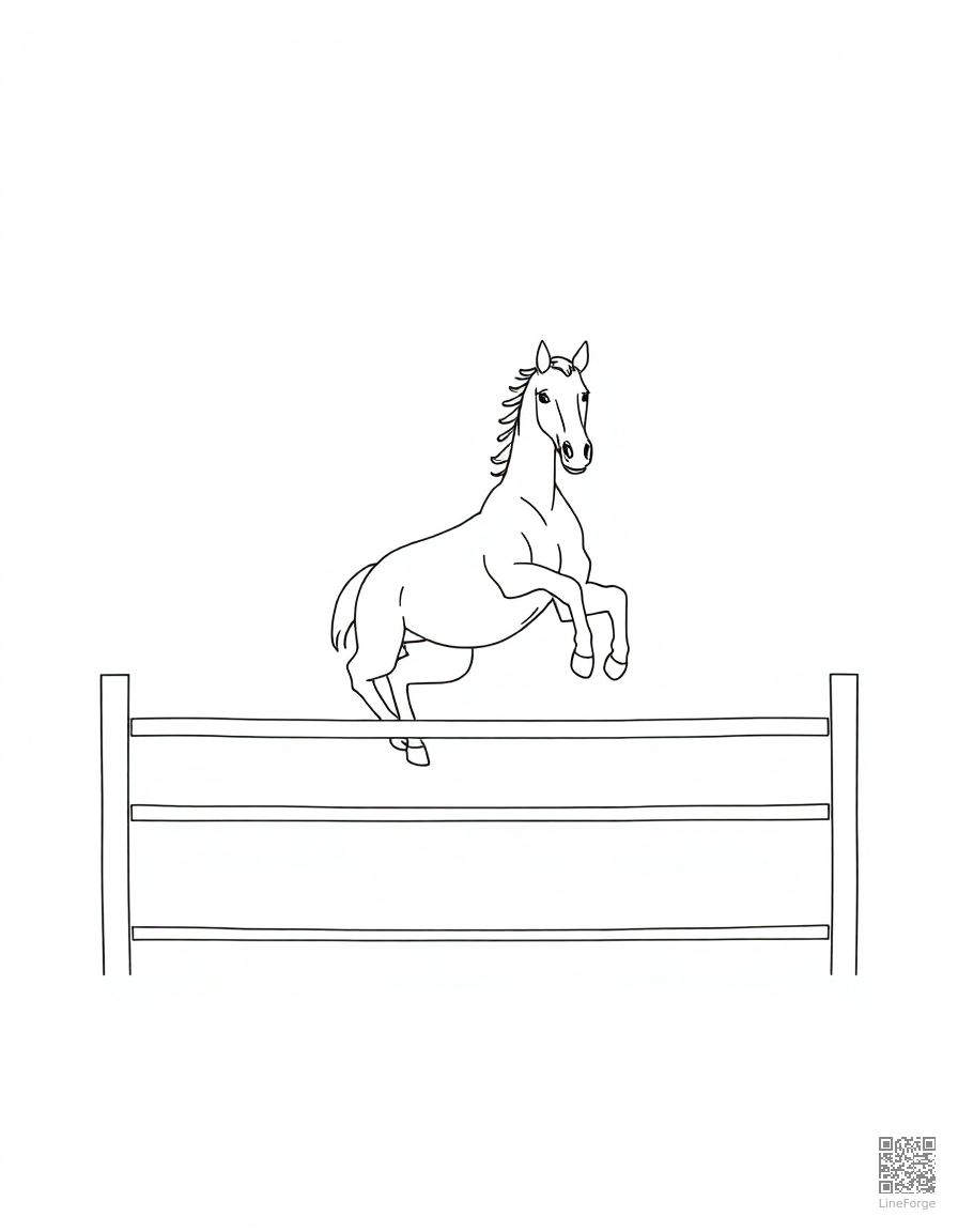 A horse jumping over a fence in a competition coloring page Minimal style free printable