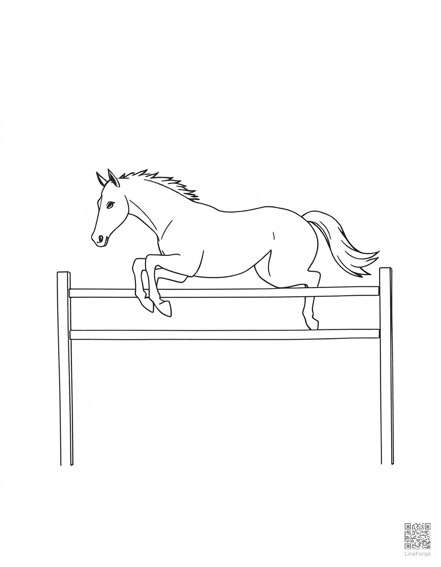 A horse jumping over a fence in a competition coloring page Minimal style free printable