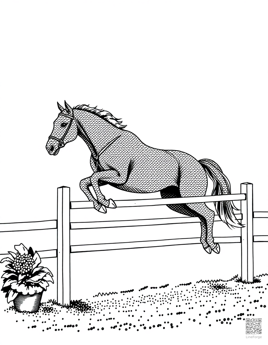 A horse jumping over a fence in a competition coloring page Stipple style free printable