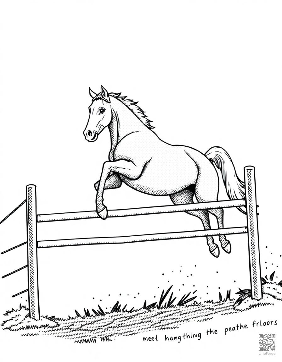 A horse jumping over a fence in a competition coloring page Stipple style free printable