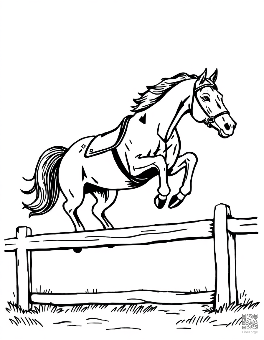 A horse jumping over a fence in a competition coloring page Woodcut style - free printable