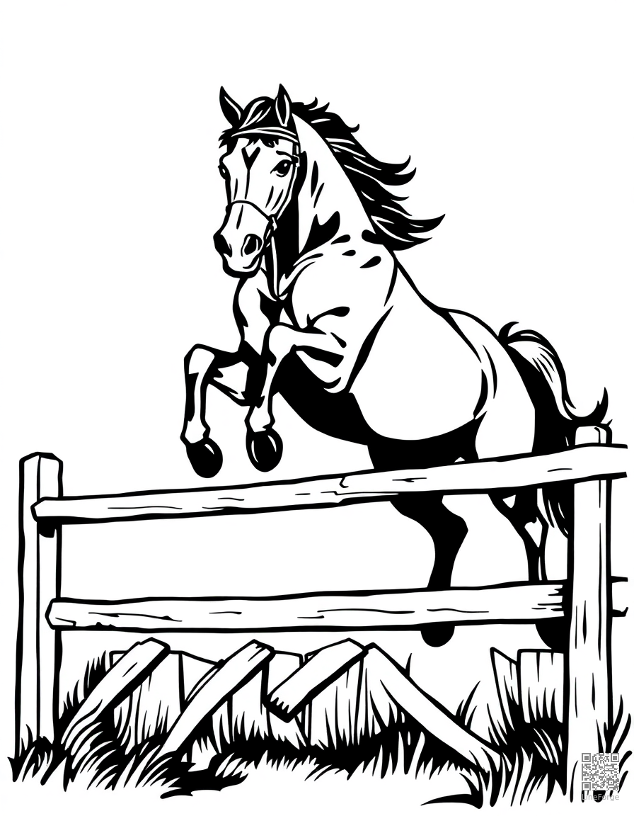 A horse jumping over a fence in a competition coloring page Woodcut style - free printable
