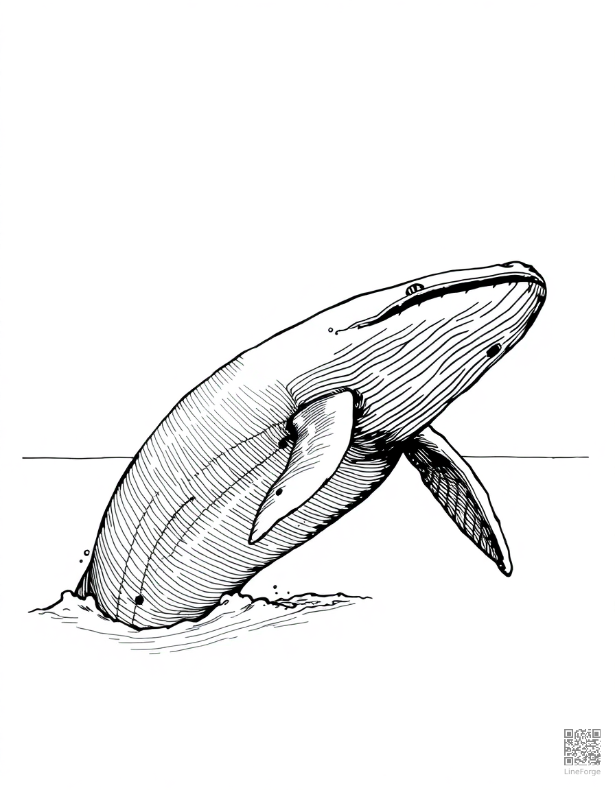 A humpback whale breaching from the ocean surface coloring page Crosshatch style - free printable