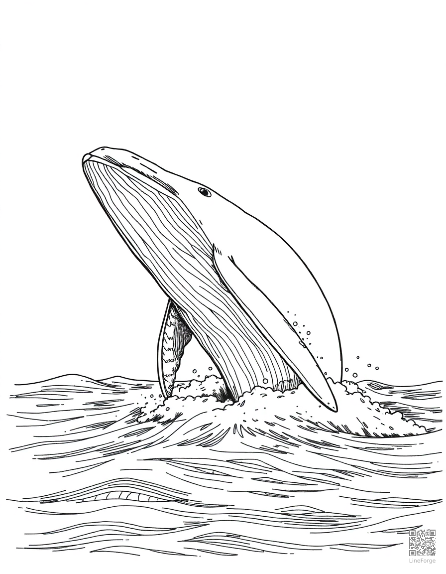 A humpback whale breaching from the ocean surface coloring page Crosshatch style - free printable