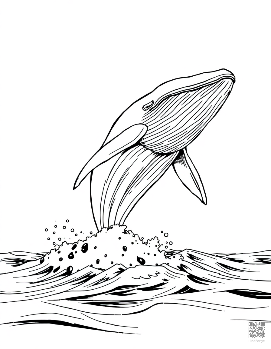 A humpback whale breaching from the ocean surface coloring page Manga style - free printable