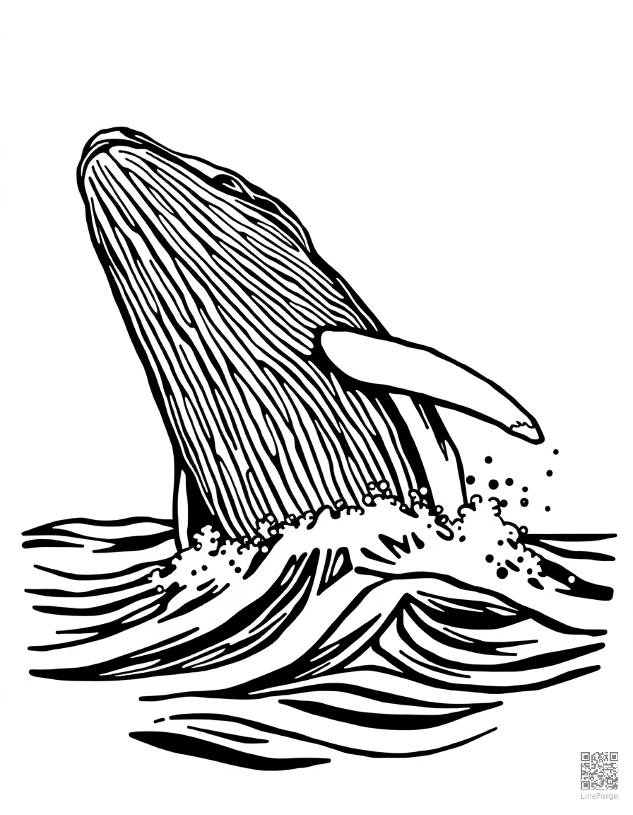 A humpback whale breaching from the ocean surface coloring page Woodcut style - free printable
