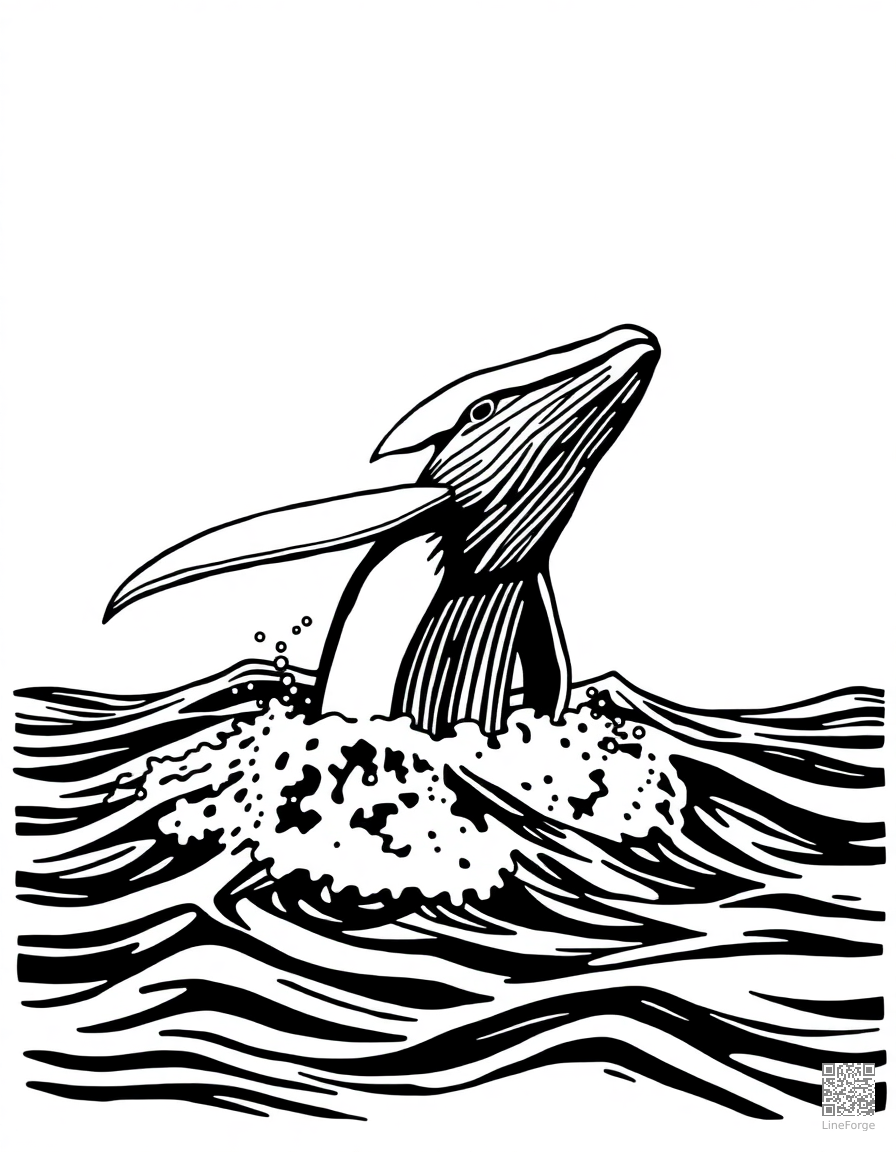 A humpback whale breaching from the ocean surface coloring page Woodcut style - free printable