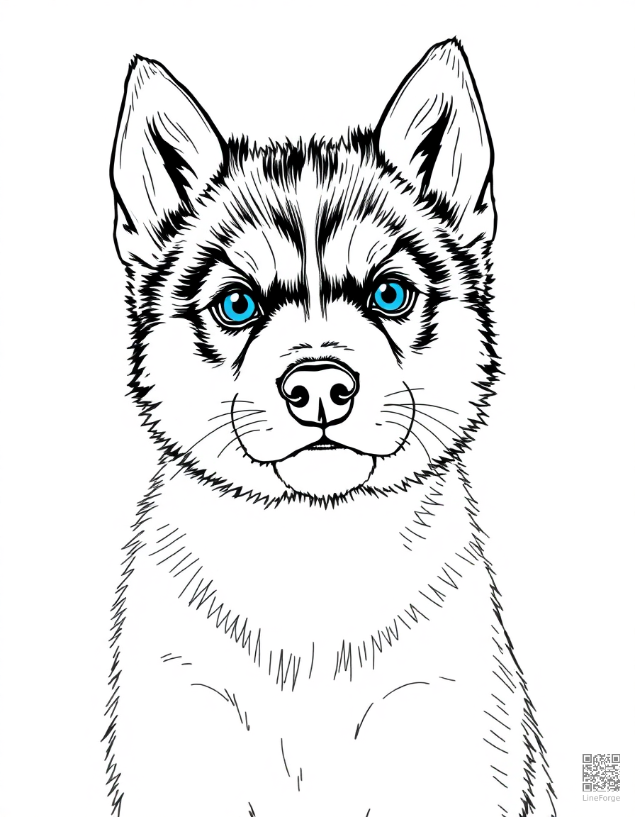 A husky puppy with bright blue eyes coloring page Crosshatch style - free printable