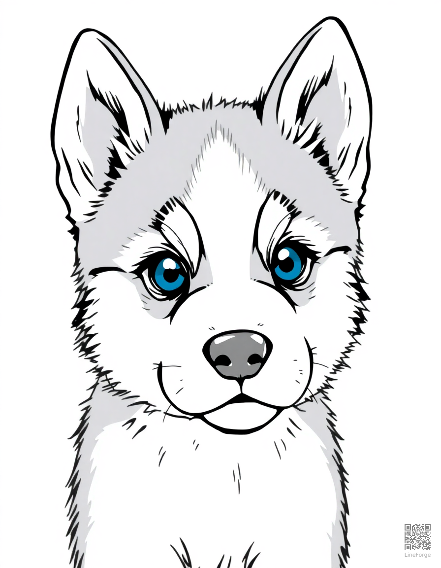 A husky puppy with bright blue eyes coloring page Manga style - free printable