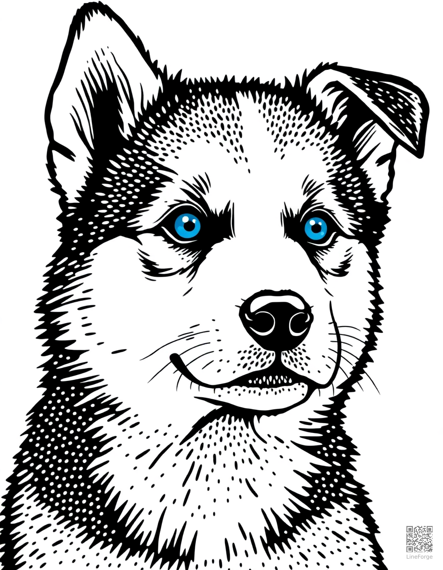 A husky puppy with bright blue eyes coloring page Stipple style - free printable