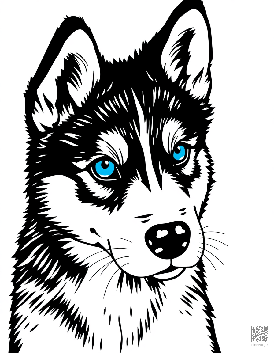 A husky puppy with bright blue eyes coloring page Woodcut style - free printable