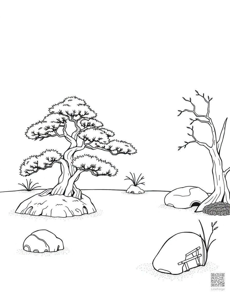 A Japanese zen garden with bonsai and raked sand coloring page Contour style - free printable
