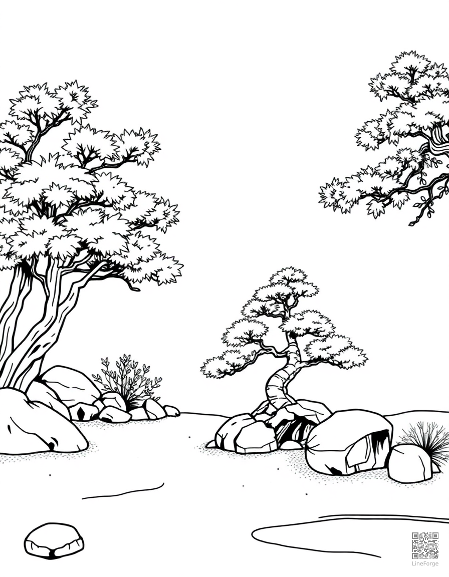 A Japanese zen garden with bonsai and raked sand coloring page Contour style - free printable