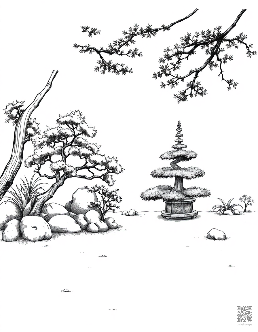 A Japanese zen garden with bonsai and raked sand coloring page Crosshatch style - free printable