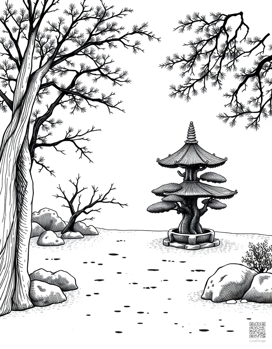 A Japanese zen garden with bonsai and raked sand coloring page Crosshatch style - free printable