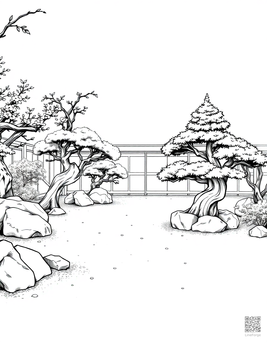 A Japanese zen garden with bonsai and raked sand coloring page Manga style free printable
