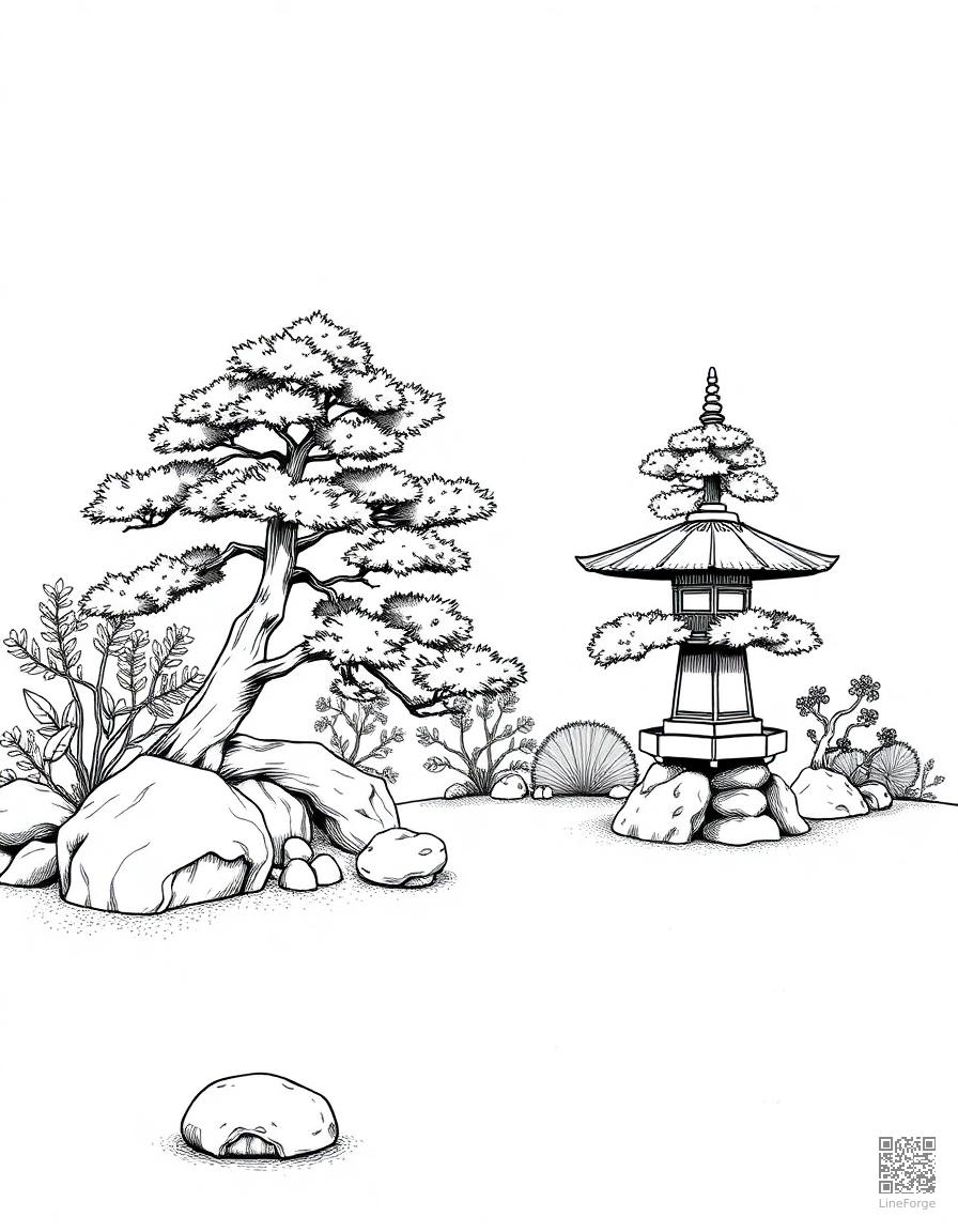 A Japanese zen garden with bonsai and raked sand coloring page Manga style free printable