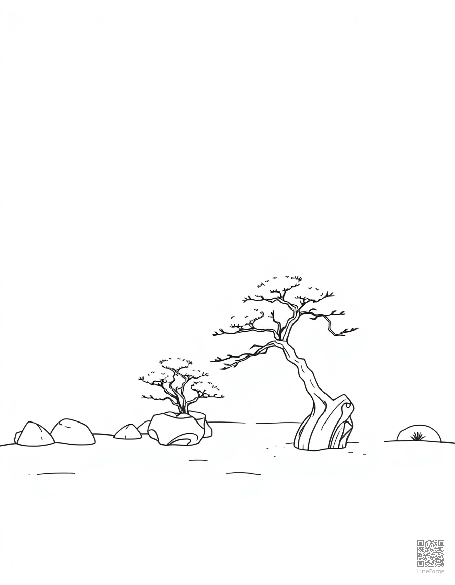 A Japanese zen garden with bonsai and raked sand coloring page Minimal style - free printable