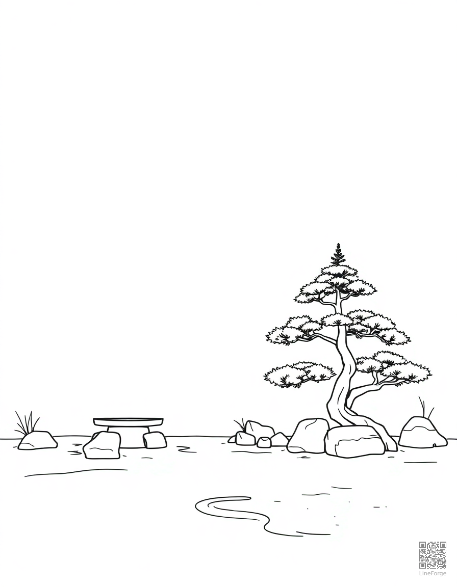 A Japanese zen garden with bonsai and raked sand coloring page Minimal style - free printable