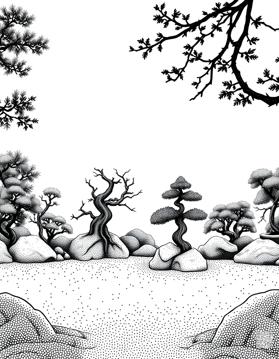 A Japanese zen garden with bonsai and raked sand coloring page Stipple style - free printable