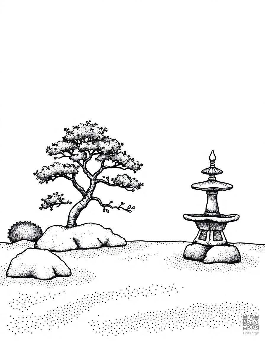 A Japanese zen garden with bonsai and raked sand coloring page Stipple style - free printable