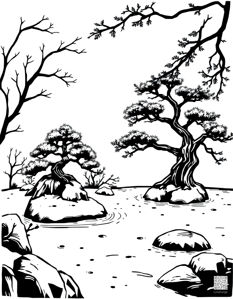 A Japanese zen garden with bonsai and raked sand coloring page Woodcut style - free printable