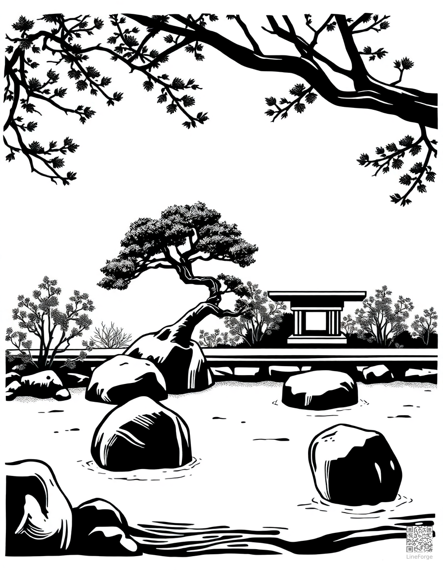 A Japanese zen garden with bonsai and raked sand coloring page Woodcut style - free printable