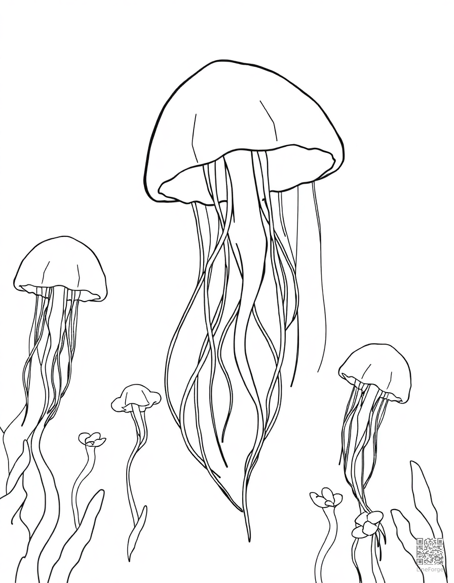 A jellyfish garden glowing in the deep ocean coloring page Contour style - free printable