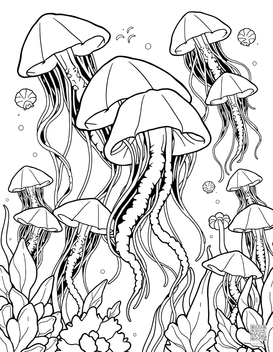 A jellyfish garden glowing in the deep ocean coloring page Contour style - free printable