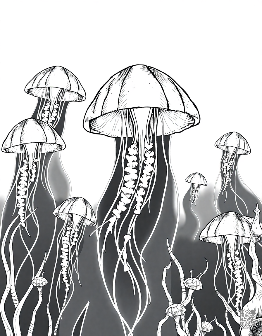 A jellyfish garden glowing in the deep ocean coloring page Crosshatch style - free printable