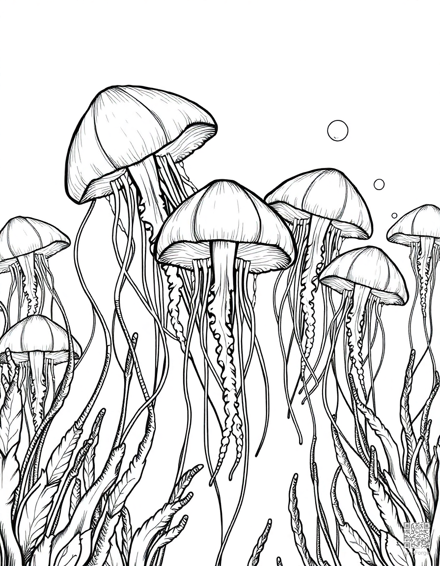 A jellyfish garden glowing in the deep ocean coloring page Crosshatch style - free printable