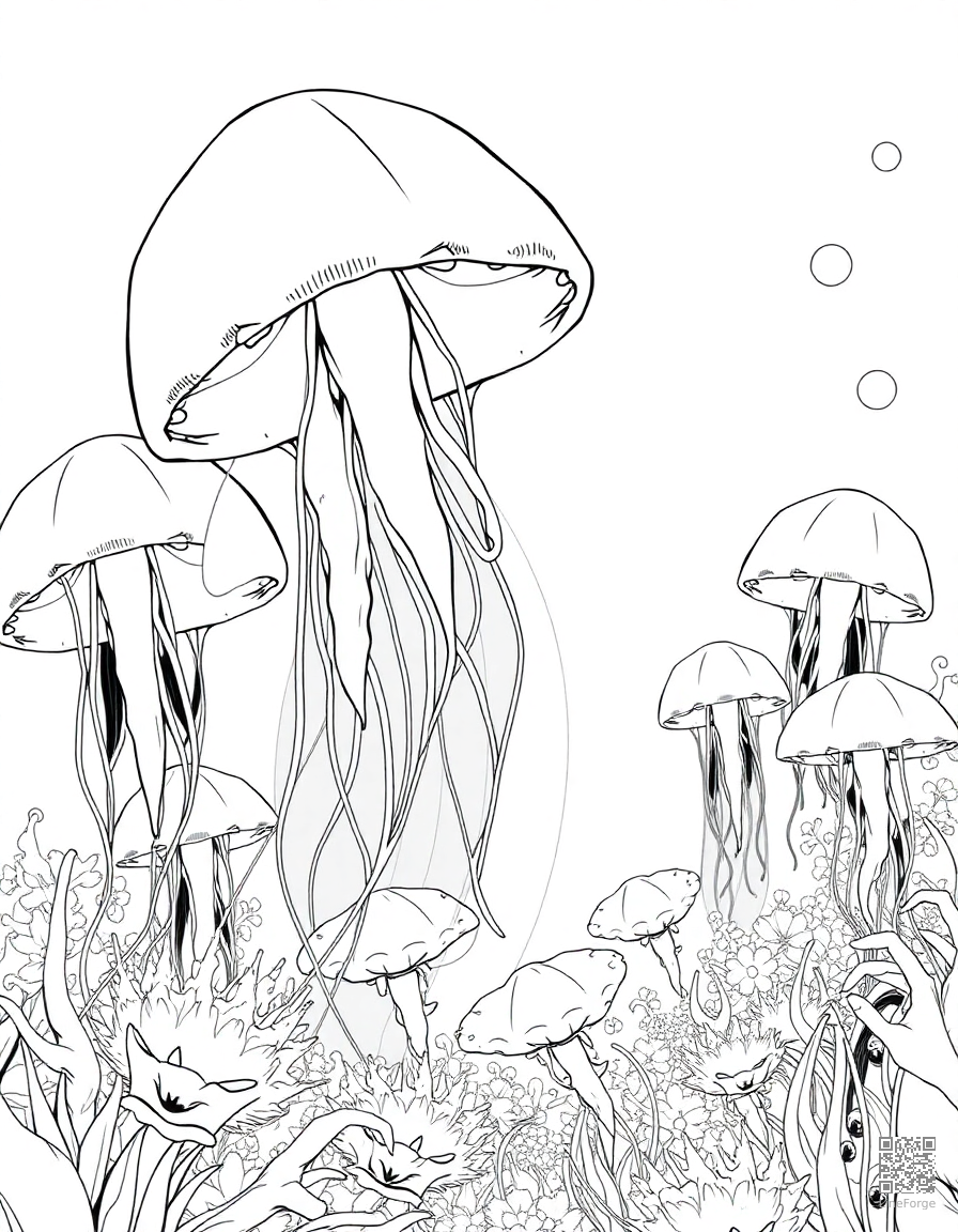 Free a jellyfish garden glowing in the deep ocean coloring page in manga style — printable line art
