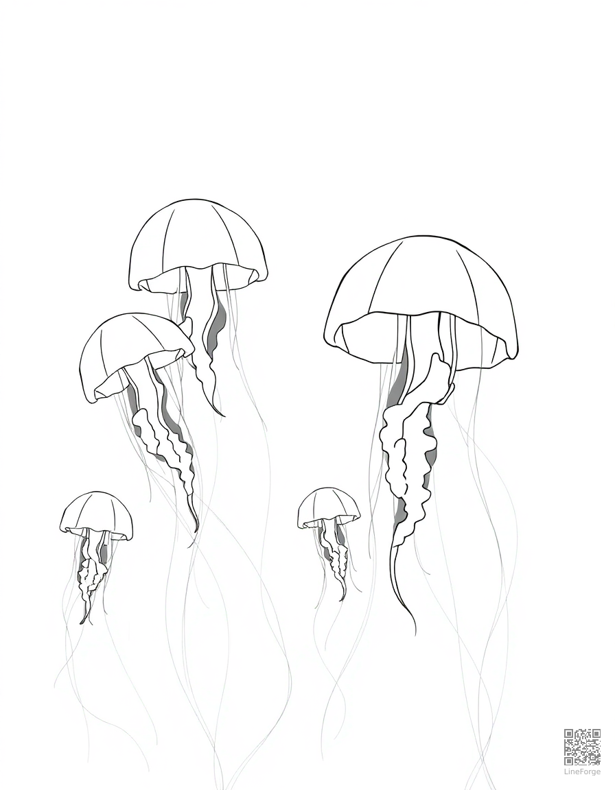 Free a jellyfish garden glowing in the deep ocean coloring page in minimal style — printable line art