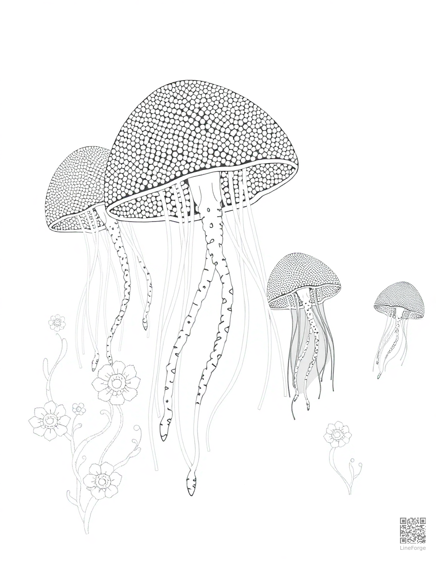 A jellyfish garden glowing in the deep ocean coloring page Stipple style - free printable
