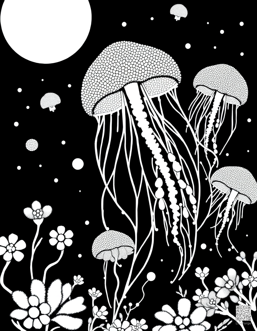 A jellyfish garden glowing in the deep ocean coloring page Stipple style - free printable