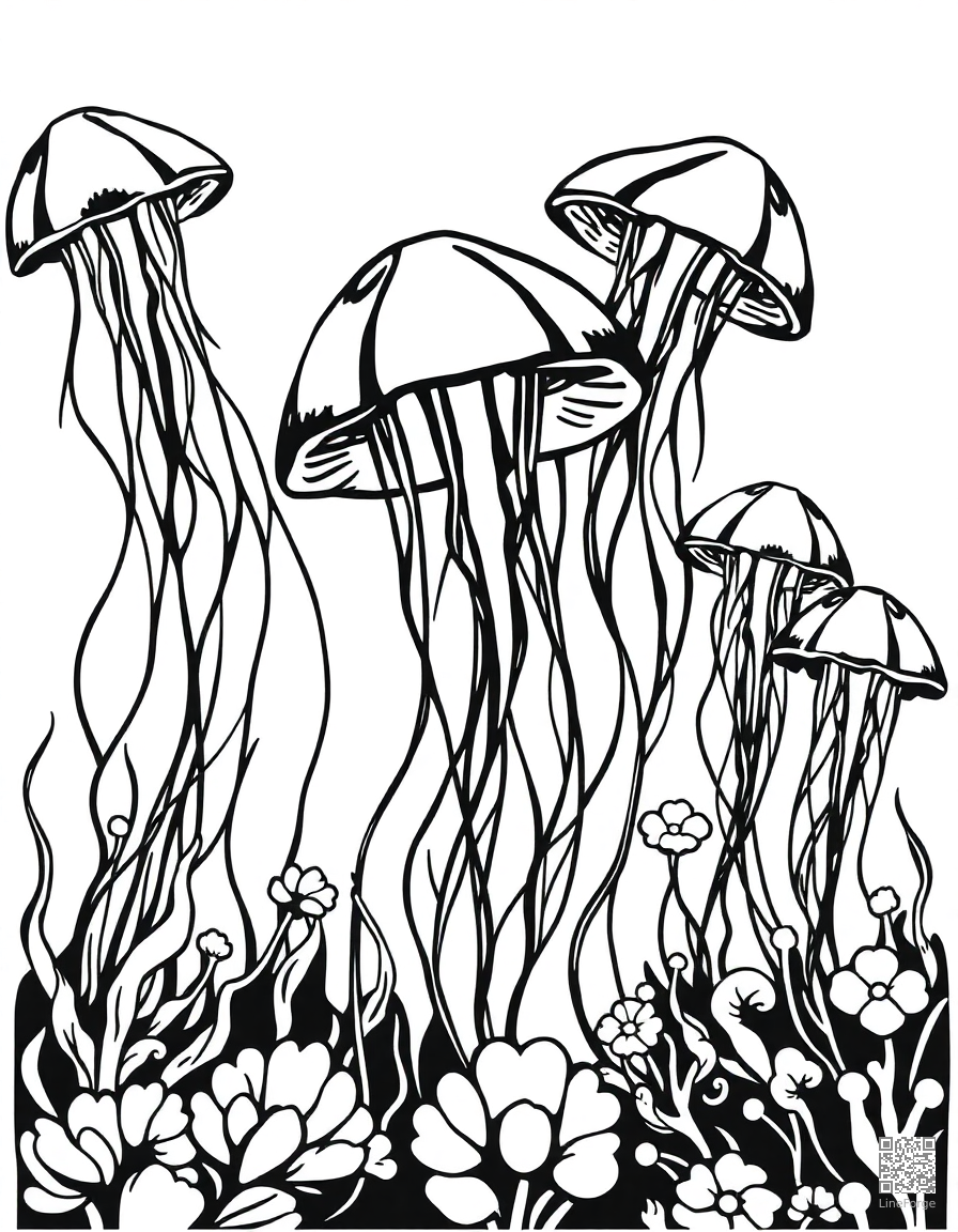 A jellyfish garden glowing in the deep ocean coloring page Woodcut style - free printable