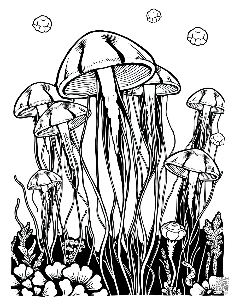 Free a jellyfish garden glowing in the deep ocean coloring page in woodcut style — printable line art
