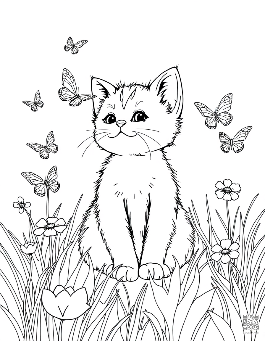 A kitten playing with butterflies in a meadow coloring page Contour style - free printable