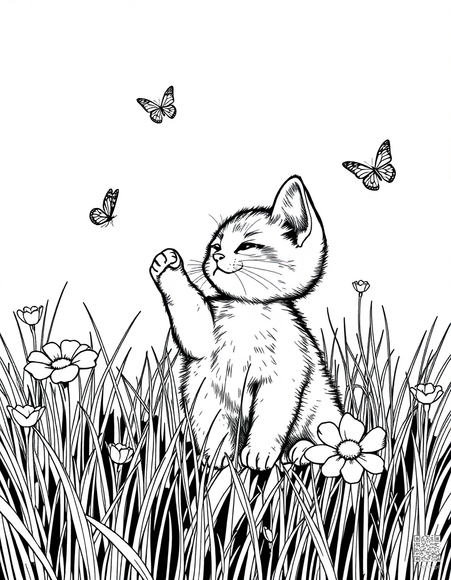 A kitten playing with butterflies in a meadow coloring page Crosshatch style - free printable