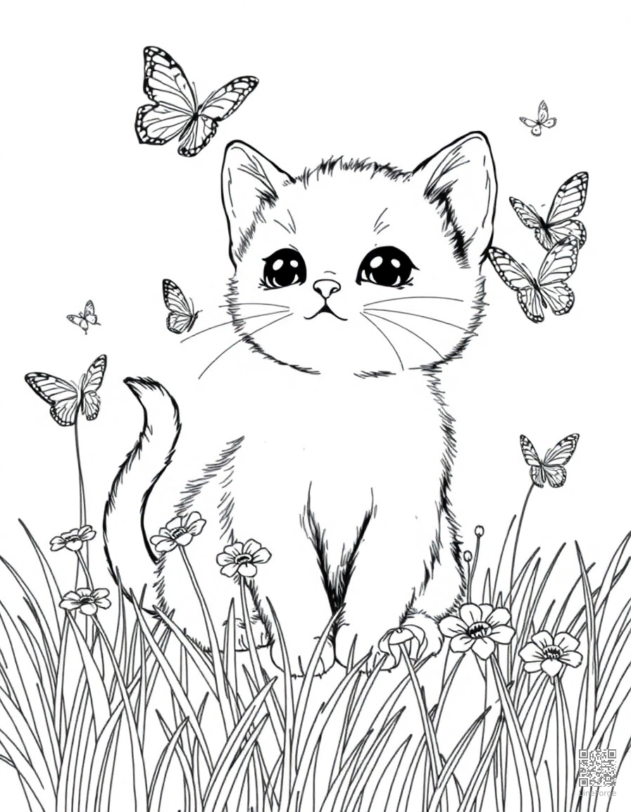 Free a kitten playing with butterflies in a meadow coloring page in manga style — printable line art