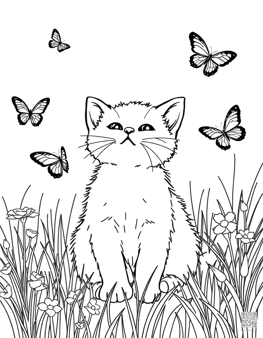 A kitten playing with butterflies in a meadow coloring page Minimal style - free printable