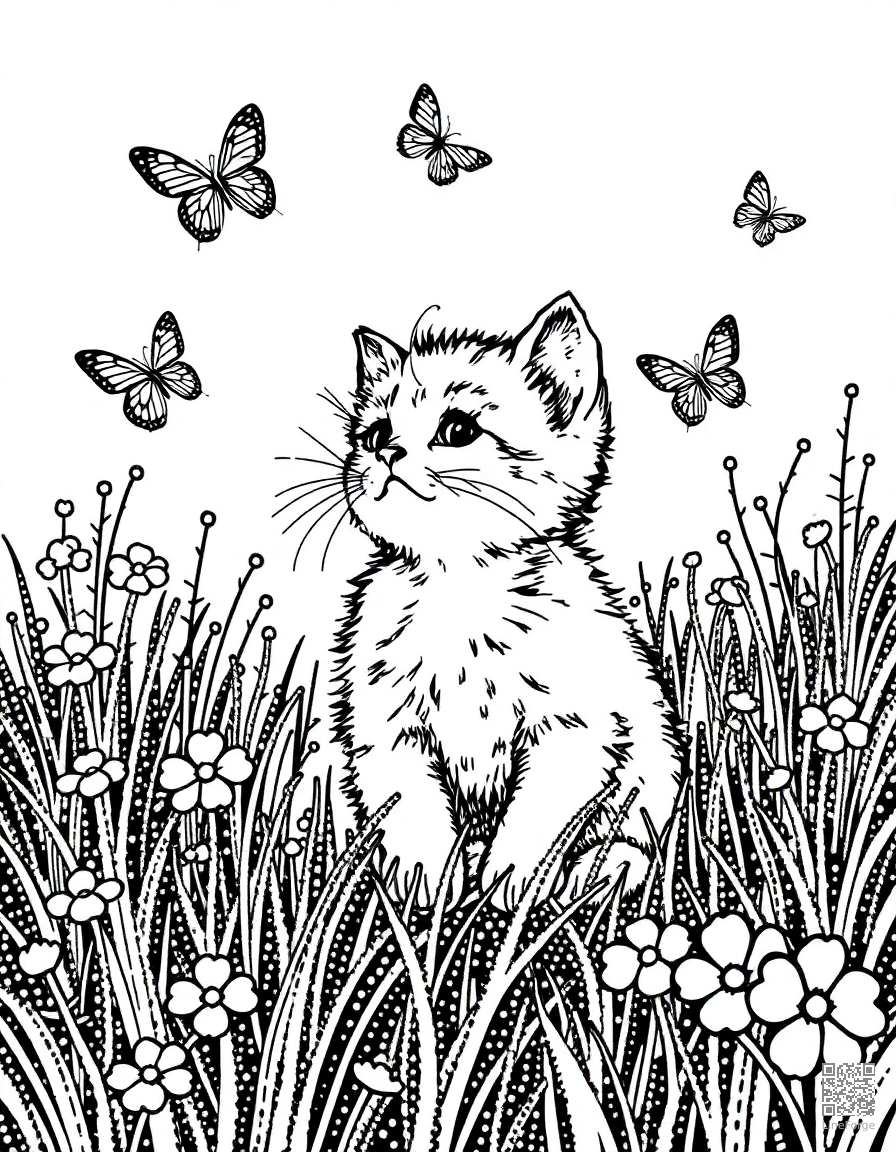 A kitten playing with butterflies in a meadow coloring page Stipple style - free printable
